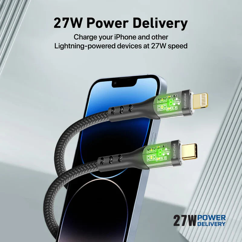 PROMATE 27W Power Delivery USB-C to Lightning Cable with Transparent Shells