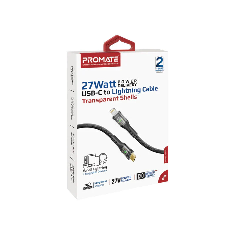 PROMATE 27W Power Delivery USB-C to Lightning Cable with Transparent Shells