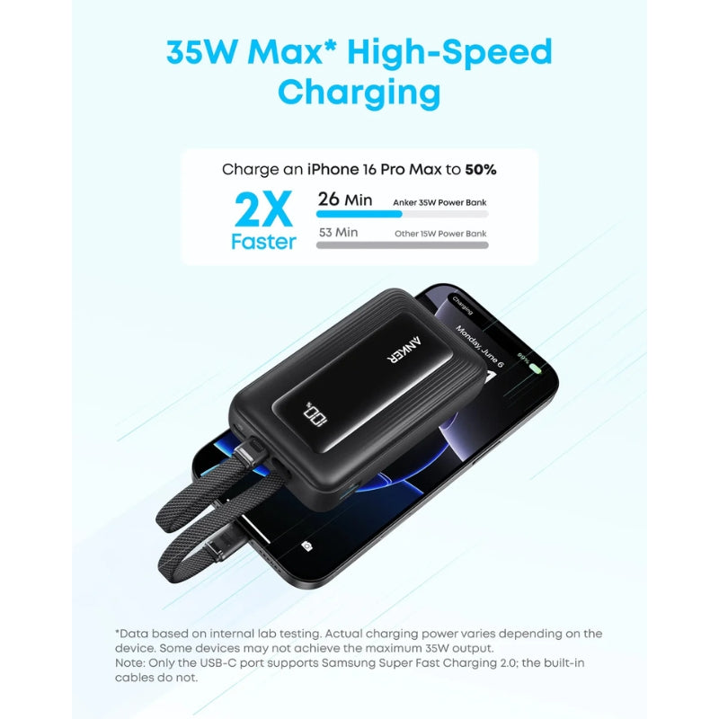 Anker Fast Charging Power Bank (10K, 35W, Built-in Dual USB-C Cables)