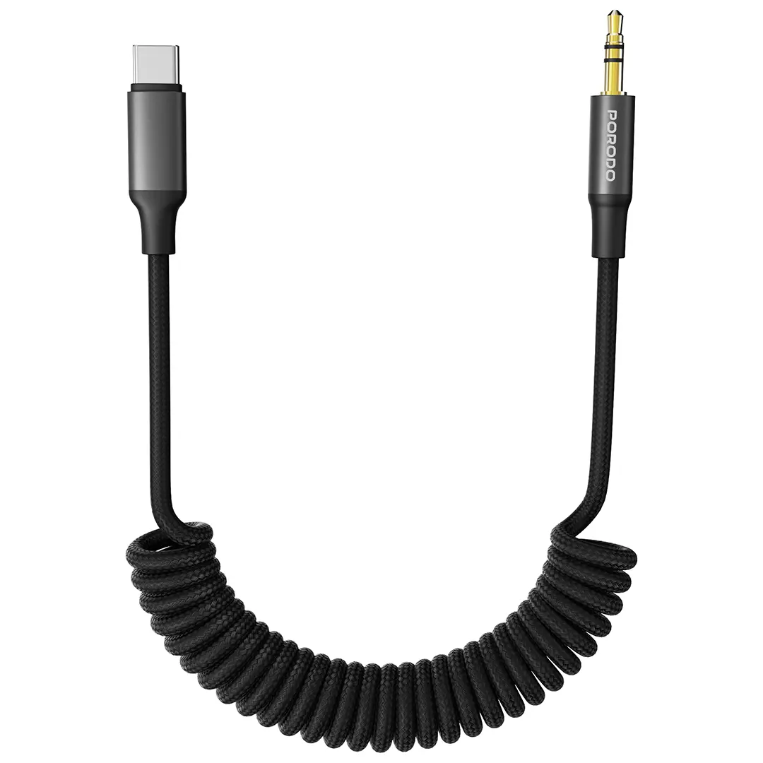 Porodo Coiled Aux Cable with Tangle-Free Design - Black usb c to aux 3.5