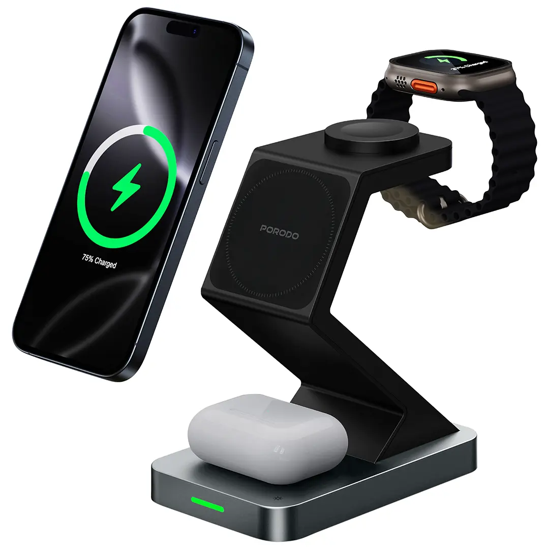 Porodo 4-In-1 Powerdock Wireless Charging Station with 360° Adjustable Viewing - Black