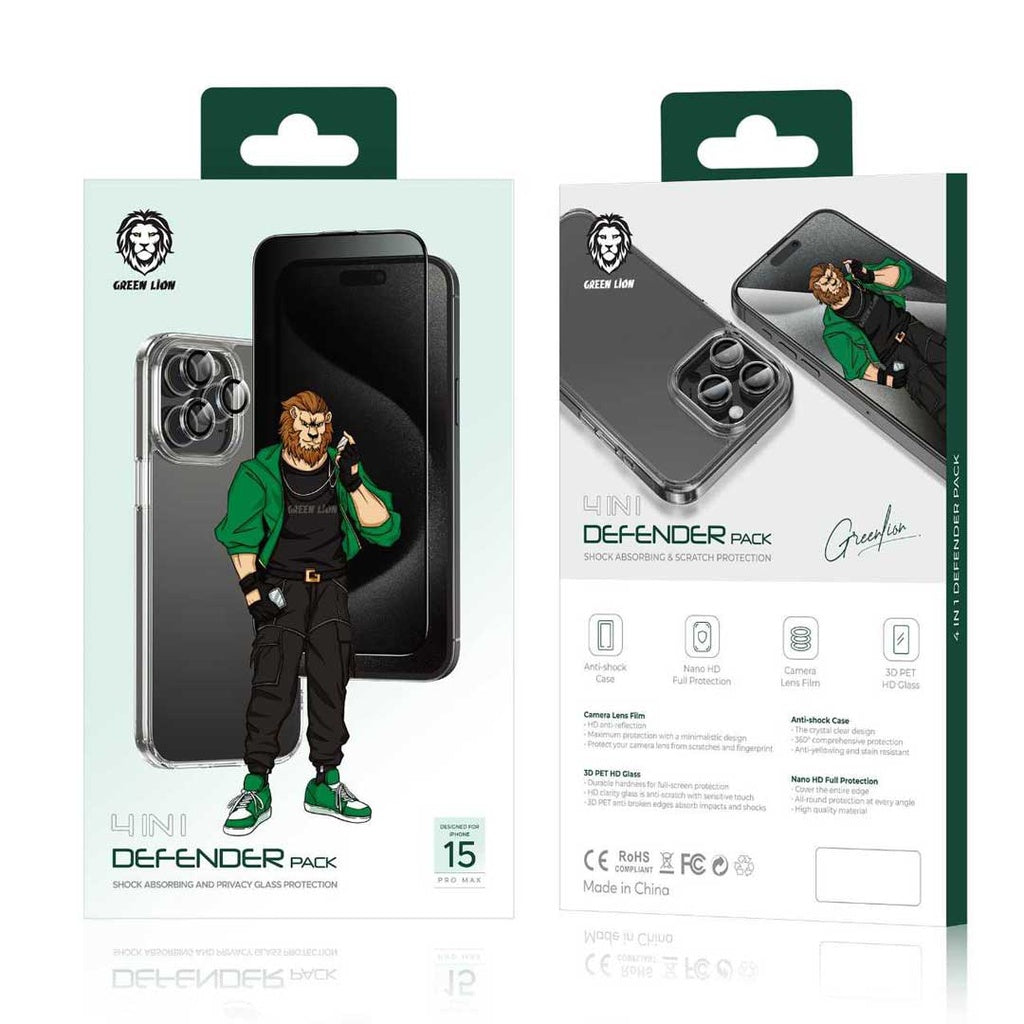 Green Lion 4 In 1 Defender Pack Privacy For iPhone 15 Pro - Transparent