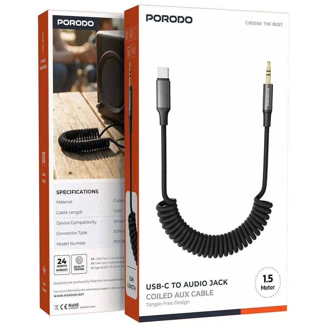 Porodo Coiled Aux Cable with Tangle-Free Design - Black usb c to aux 3.5