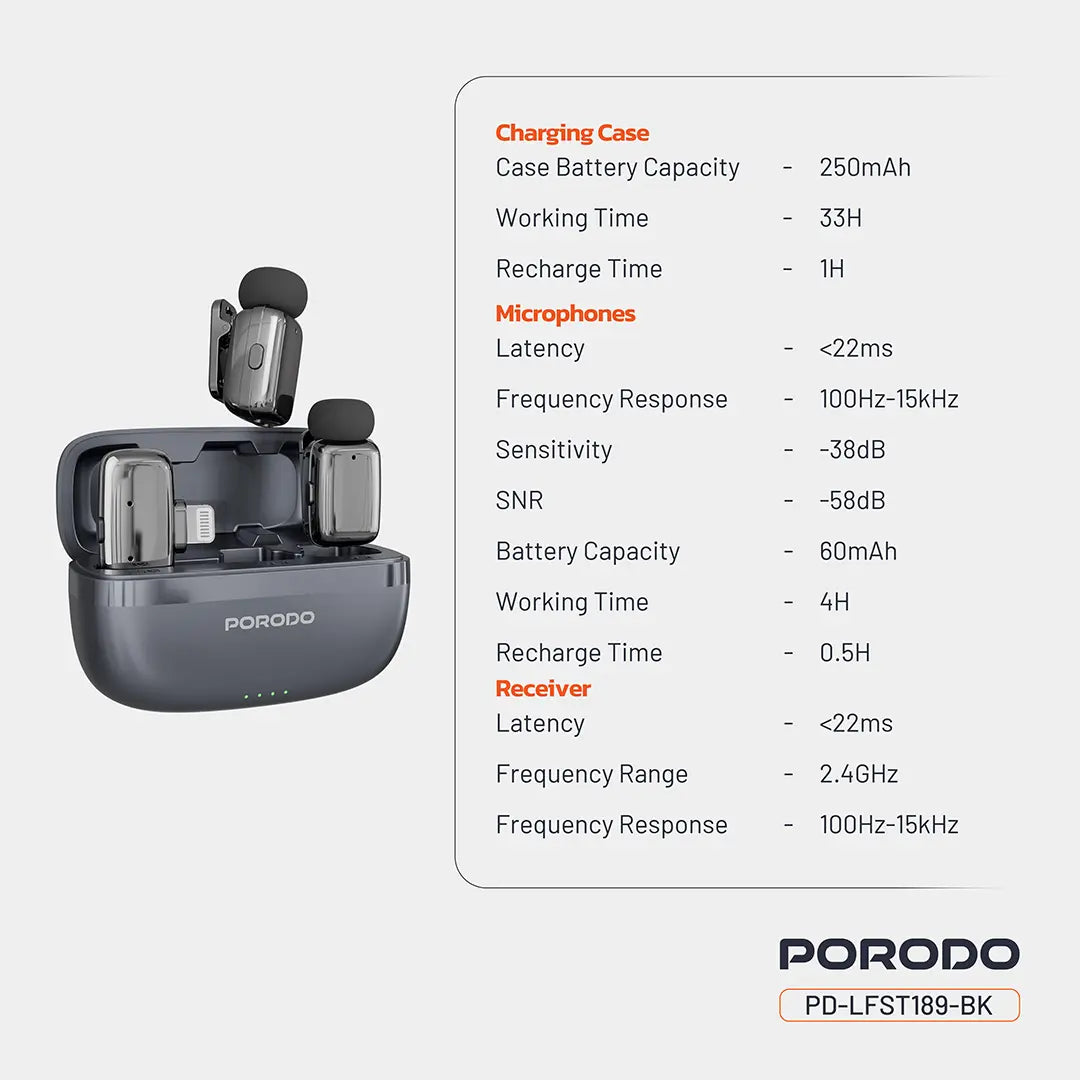 Porodo Wireless Lavalier Microphones- Black