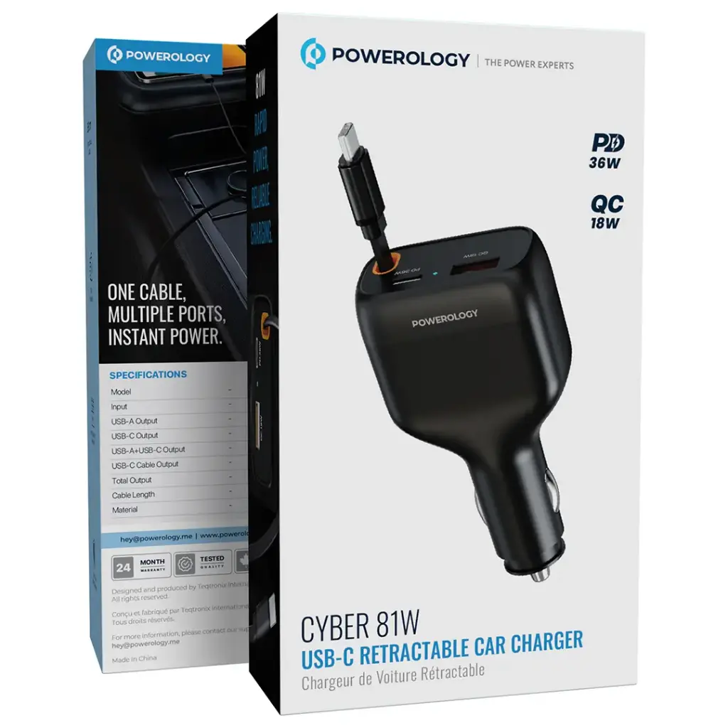 Powerology Cyber 81W USB-C Retractable Car Charger - Black