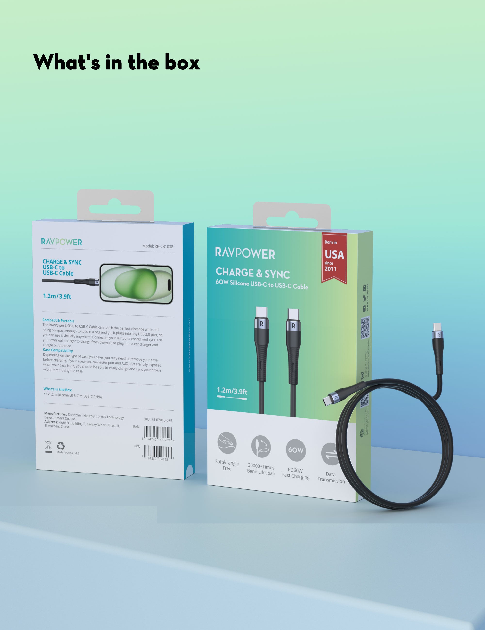 RAVPower60W Charge & Sync 60W Silicone C-C Cable 1M