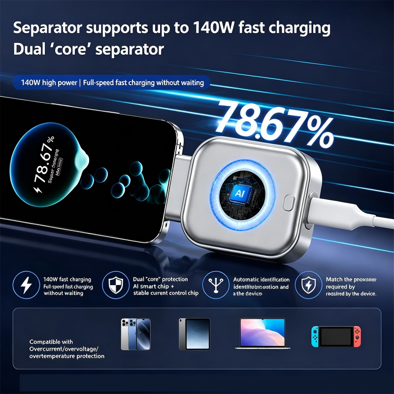 140W Fast Charging AI Smart USB-C Charger – Dual-Core Protection, Auto Disconnect, Universal High-Speed Power Adapter for Mobile Phones, Tablets & Gaming Devices