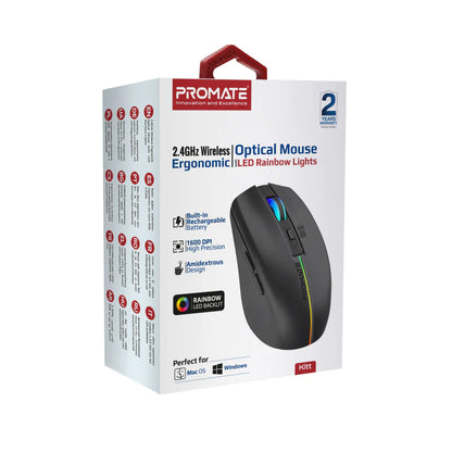 PROMATE 2.4GHz Wireless Ergonomic Optical Mouse with LED Rainbow Lights