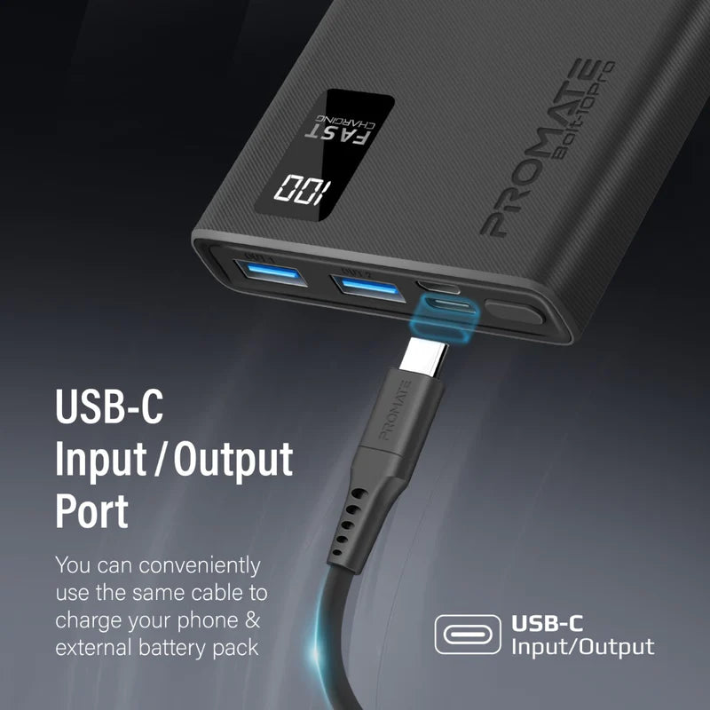 PROMATE 10000mAh Compact Smart Charging Power Bank with Dual USB-A & USB-C Output