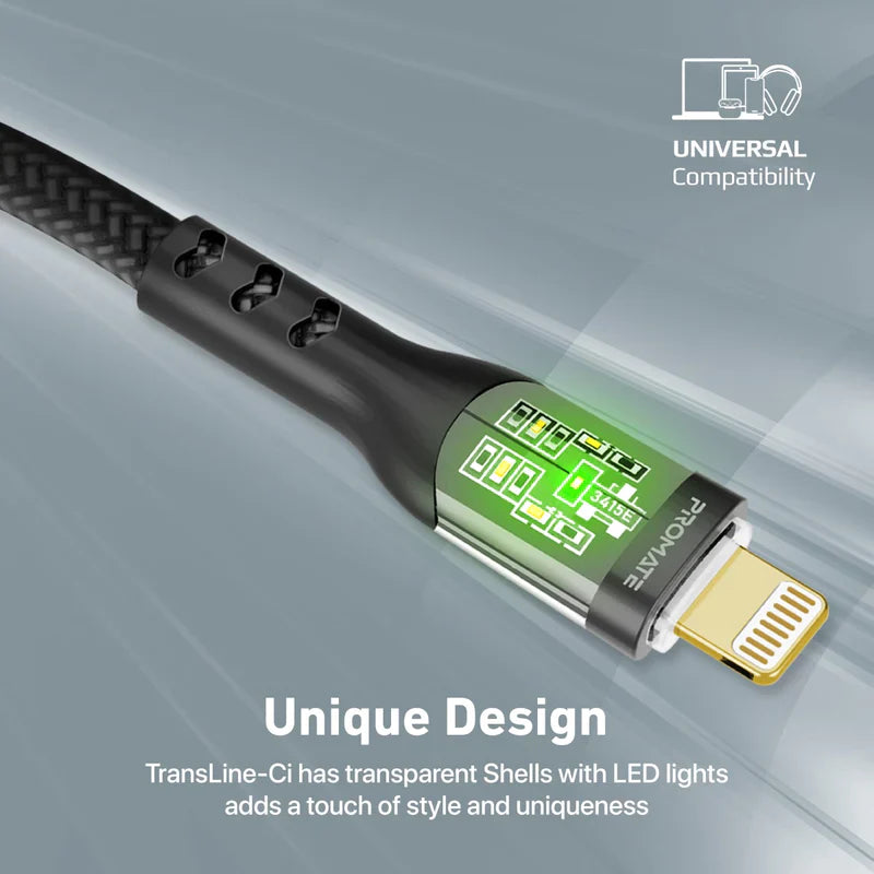 PROMATE 27W Power Delivery USB-C to Lightning Cable with Transparent Shells