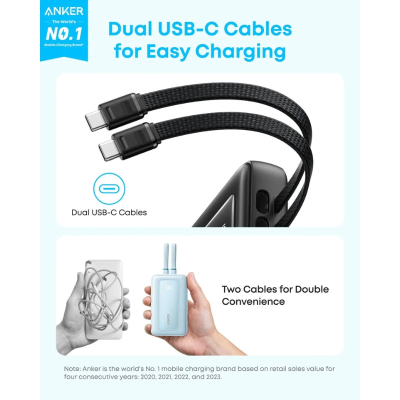 Anker Fast Charging PowerBank (10K, 35W, Built-in Dual USB-C Cables)