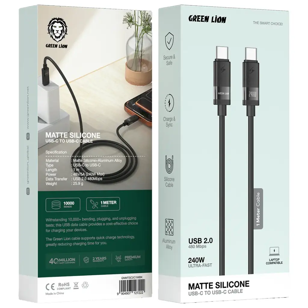 green lion matte siicone usb-c to usb-c cable 240w ultra-fast