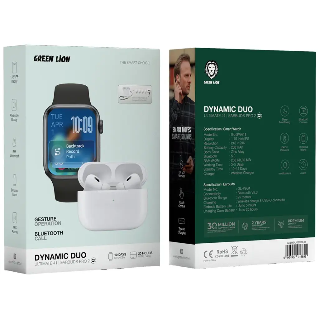 Green Lion Dynamic Duo 41mm Smart Watch & Earbuds
