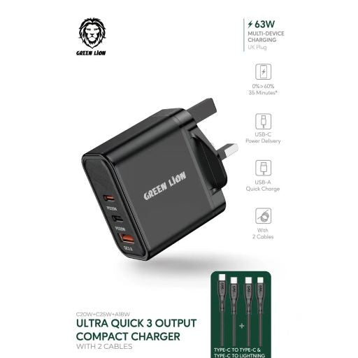 Green Lion Ultra Quick 3 Output Compact Charger with Type-A to Type-C and Type-C to Lightning Cable